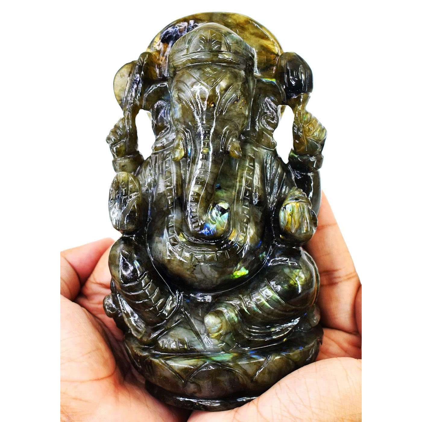 gemsmore:Amazing Labradorite Hand Carved Genuine Crystal Gemstone Carving Lord Ganesha