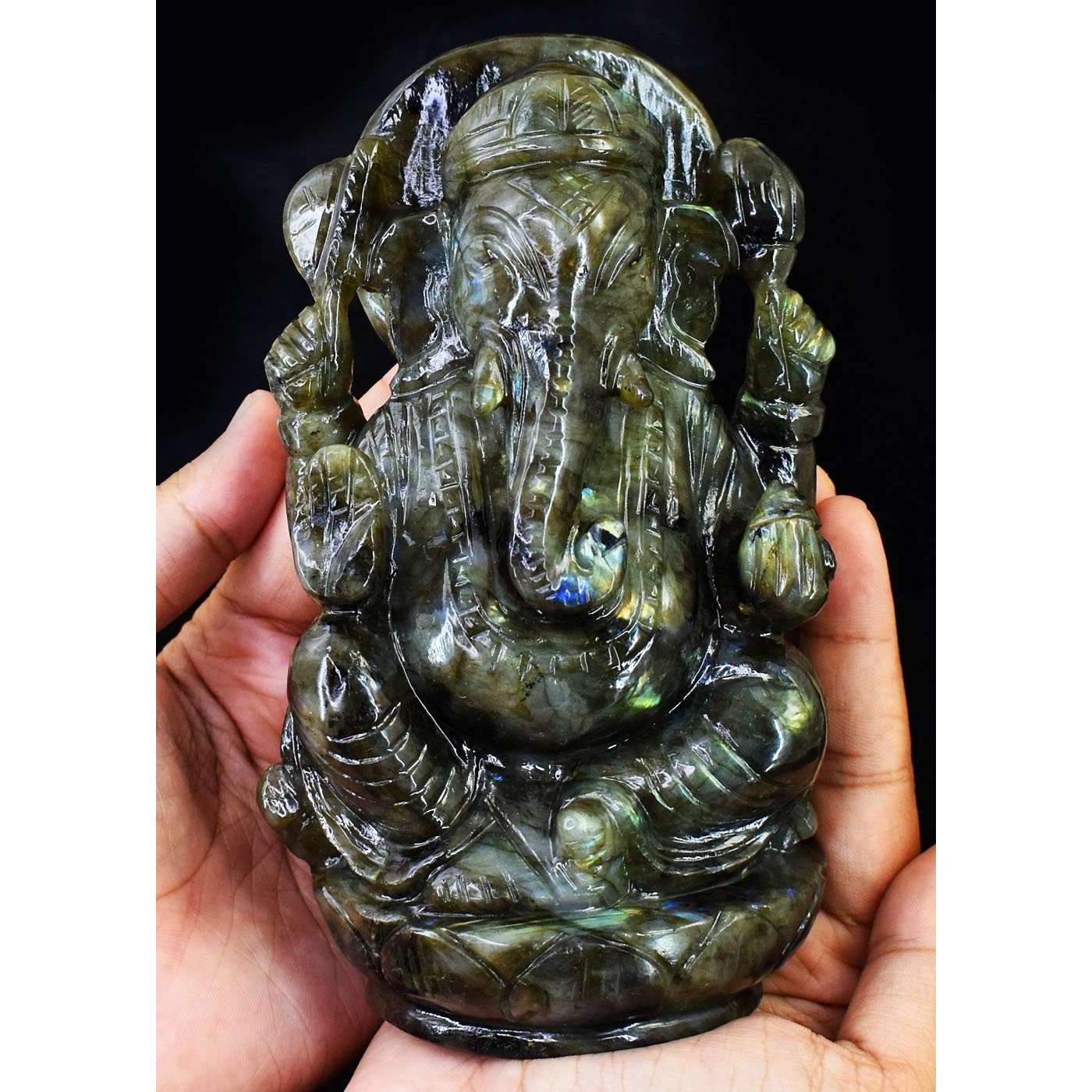 gemsmore:Amazing Labradorite Hand Carved Genuine Crystal Gemstone Carving Lord Ganesha