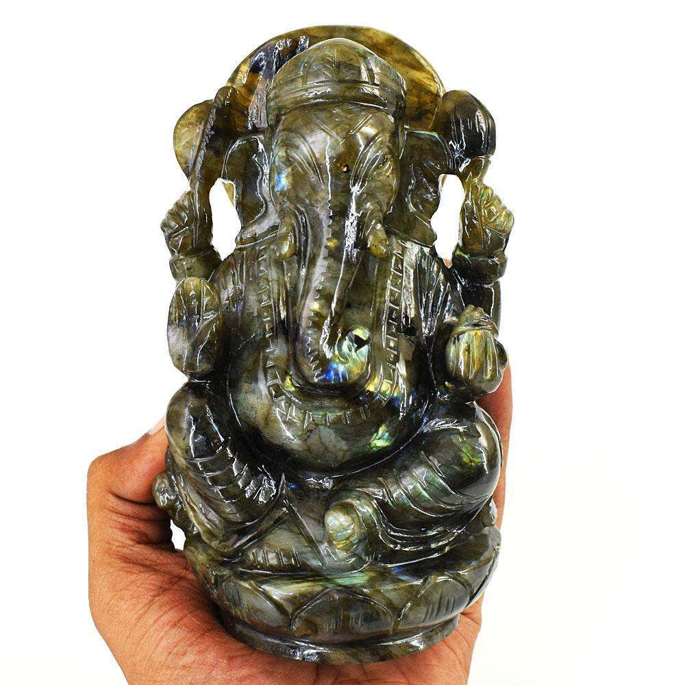 gemsmore:Amazing Labradorite Hand Carved Genuine Crystal Gemstone Carving Lord Ganesha