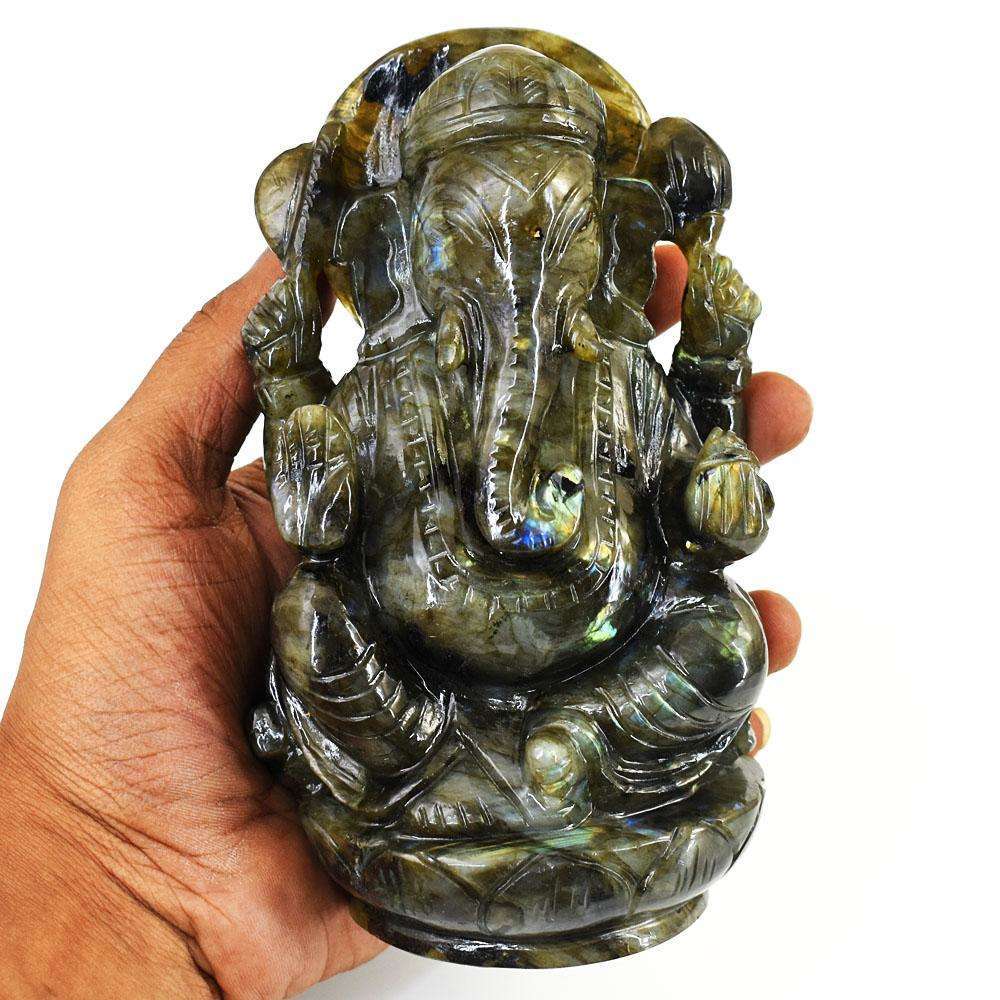 gemsmore:Amazing Labradorite Hand Carved Genuine Crystal Gemstone Carving Lord Ganesha