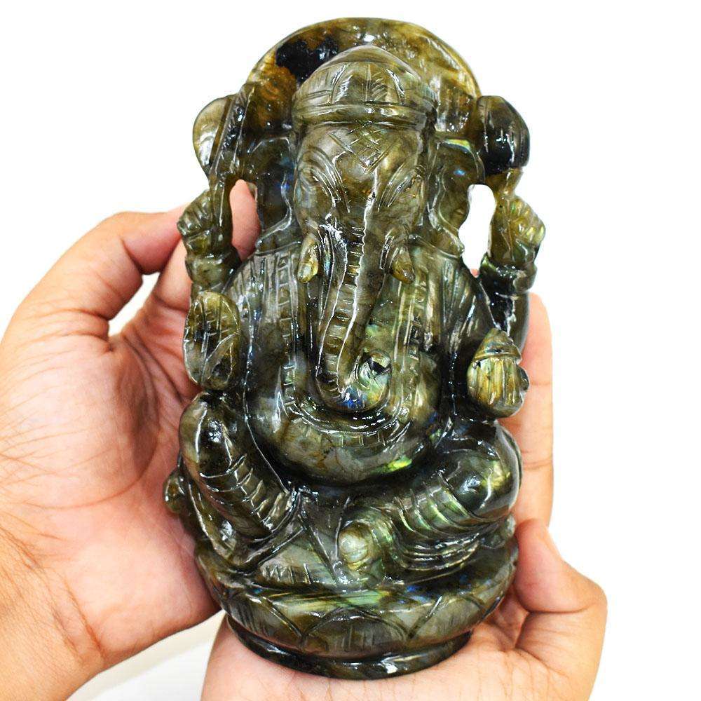 gemsmore:Amazing Labradorite Hand Carved Genuine Crystal Gemstone Carving Lord Ganesha