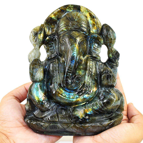 gemsmore:Amazing Labradorite Hand Carved Genuine Crystal Gemstone Carving Massive Lord Ganesha