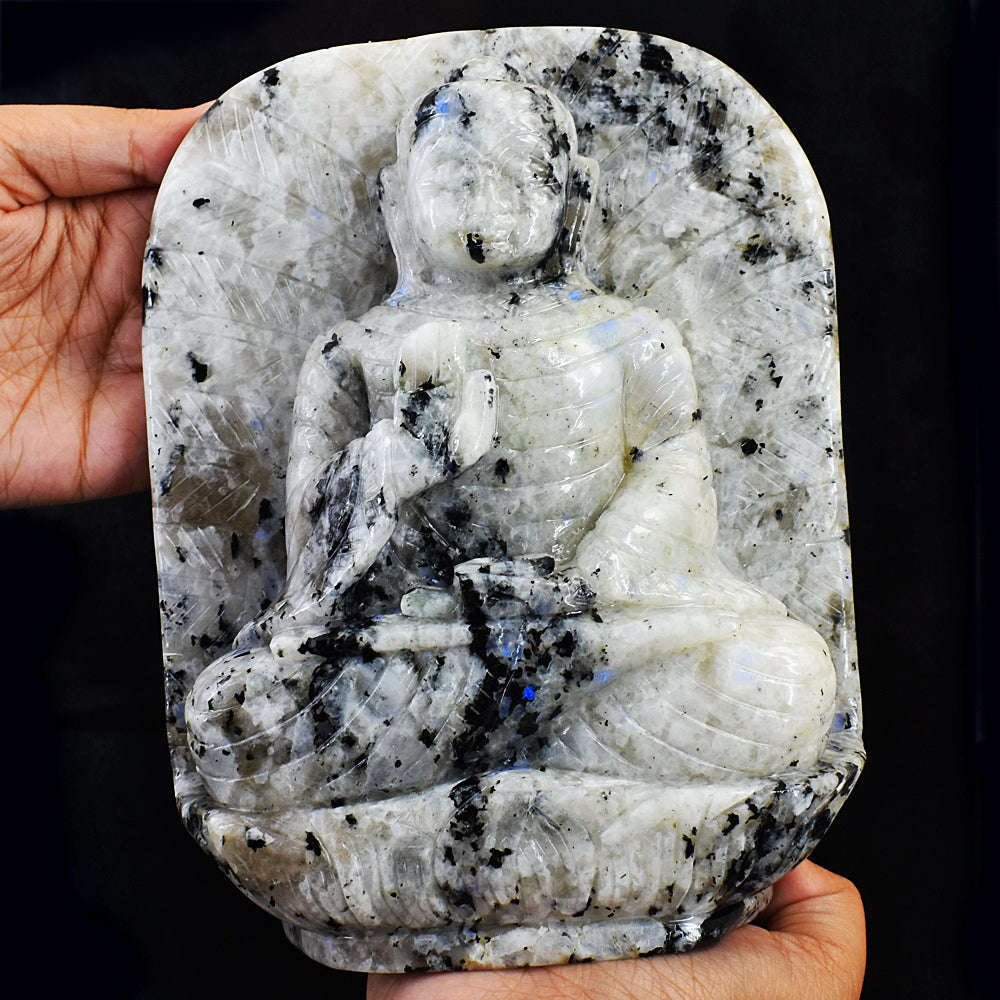 gemsmore:Amazing Moonstone Hand Carved Genuine Crystal Gemstone Carving Leaf Palm Lord Buddha