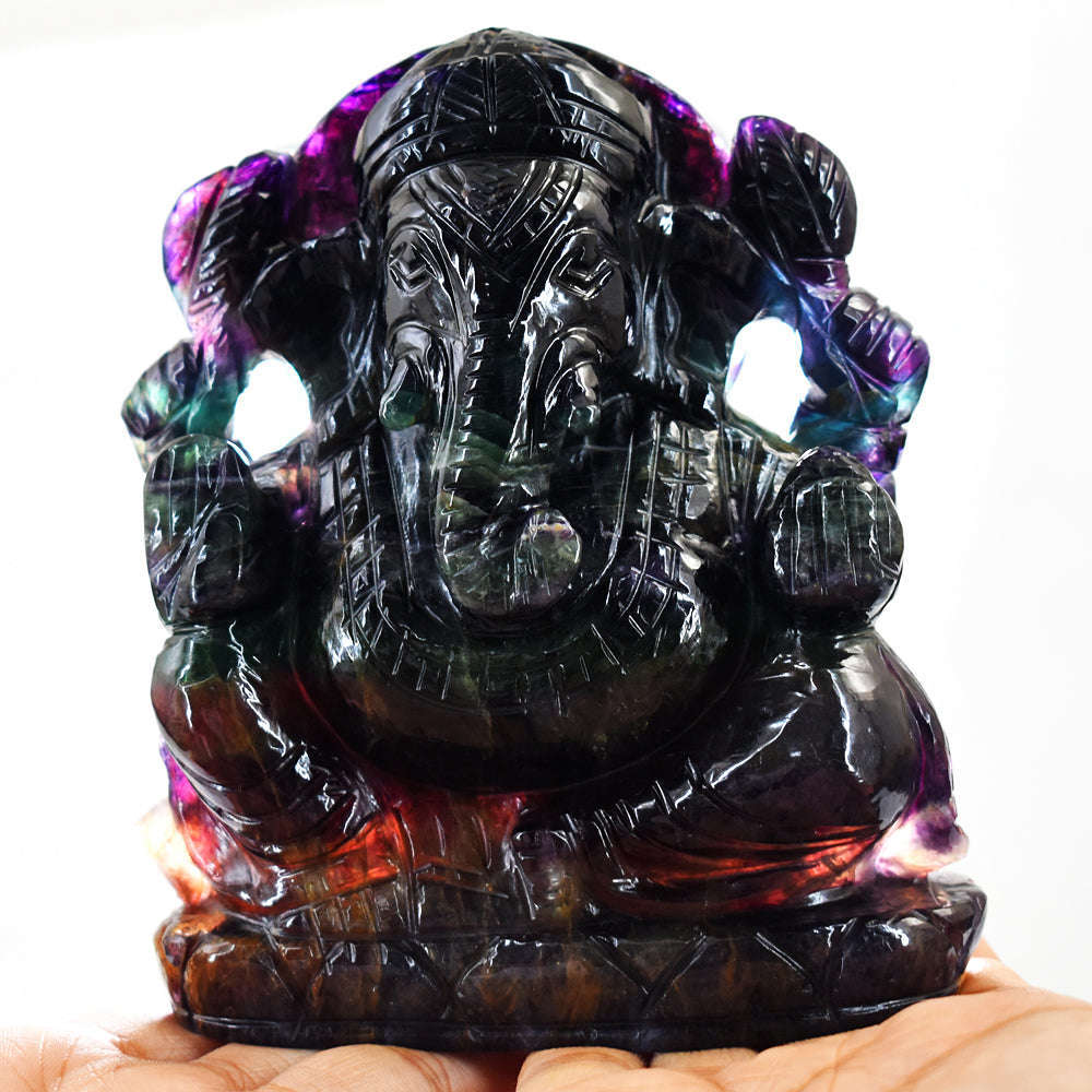 gemsmore:Amazing  Multicolor Fluorite Hand Carved Crystal Lord Ganesha