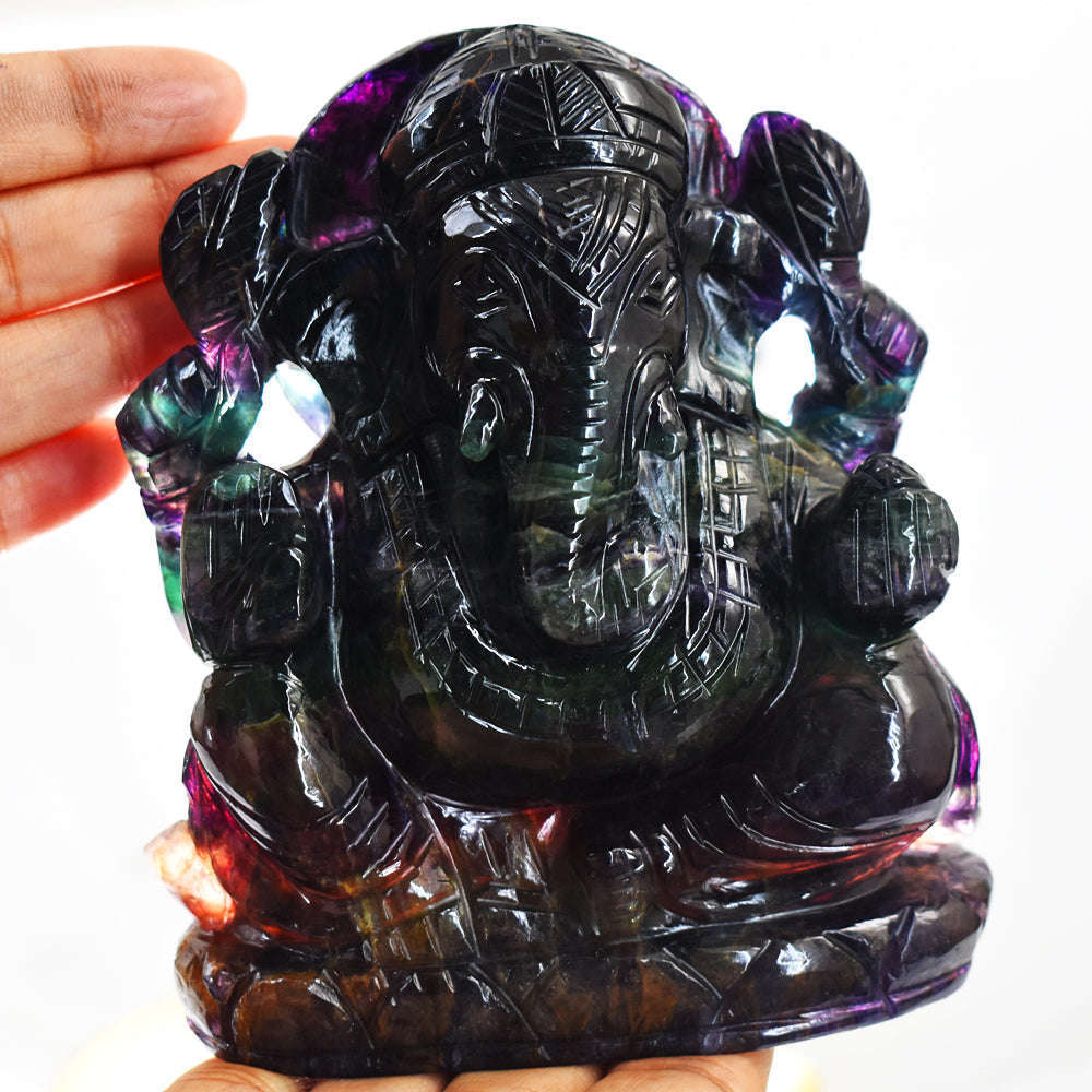 gemsmore:Amazing  Multicolor Fluorite Hand Carved Crystal Lord Ganesha
