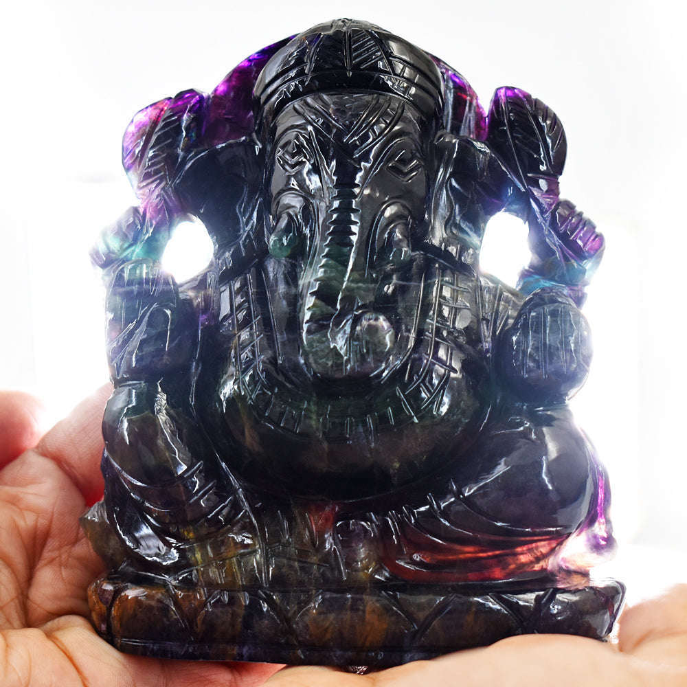 gemsmore:Amazing  Multicolor Fluorite Hand Carved Crystal Lord Ganesha