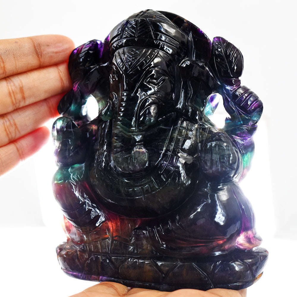 gemsmore:Amazing  Multicolor Fluorite Hand Carved Crystal Lord Ganesha