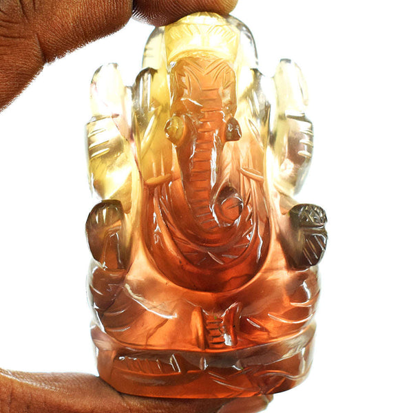 gemsmore:Amazing Multicolor Fluorite Hand Carved Genuine Crystal Gemstone Carving Lord Ganesha