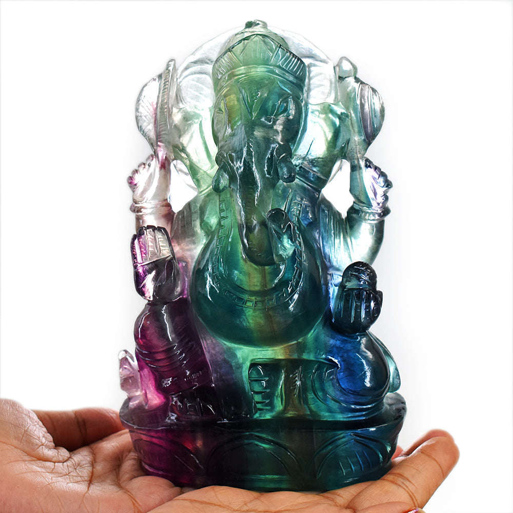 gemsmore:Amazing Multicolor Fluorite Hand Carved Genuine Crystal Gemstone Carving Lord Ganesha