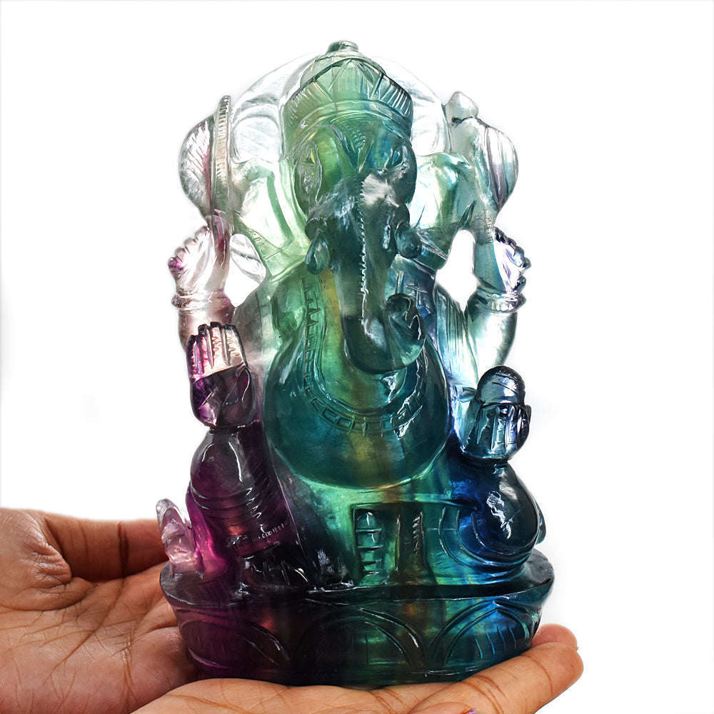 gemsmore:Amazing Multicolor Fluorite Hand Carved Genuine Crystal Gemstone Carving Lord Ganesha