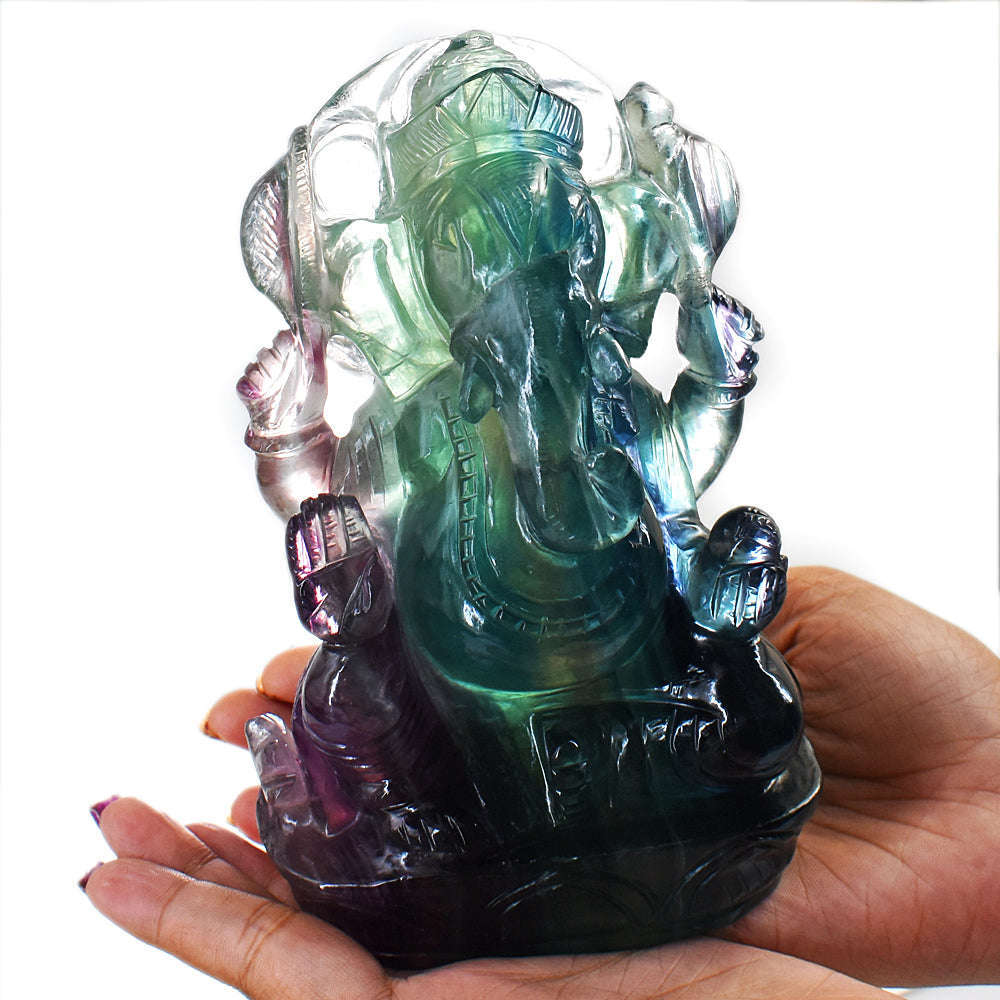 gemsmore:Amazing Multicolor Fluorite Hand Carved Genuine Crystal Gemstone Carving Lord Ganesha