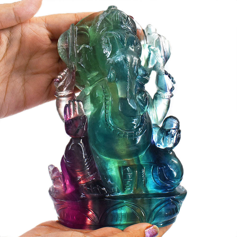 gemsmore:Amazing Multicolor Fluorite Hand Carved Genuine Crystal Gemstone Carving Lord Ganesha