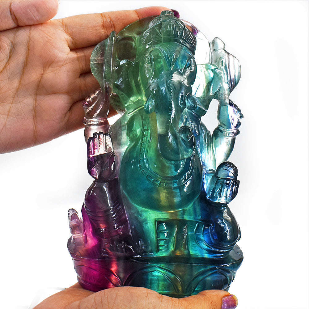 gemsmore:Amazing Multicolor Fluorite Hand Carved Genuine Crystal Gemstone Carving Lord Ganesha