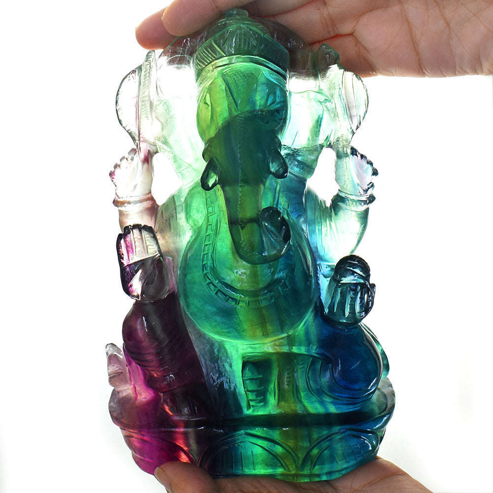 gemsmore:Amazing Multicolor Fluorite Hand Carved Genuine Crystal Gemstone Carving Lord Ganesha