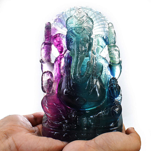 gemsmore:Amazing Multicolor Fluorite Hand Carved Genuine Crystal Gemstone Carving Lord Ganesha