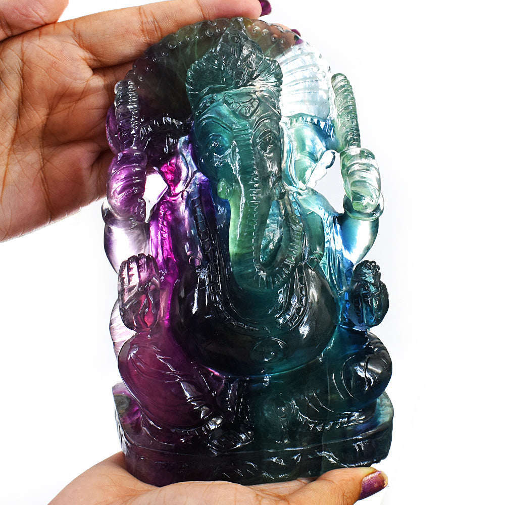 gemsmore:Amazing Multicolor Fluorite Hand Carved Genuine Crystal Gemstone Carving Lord Ganesha