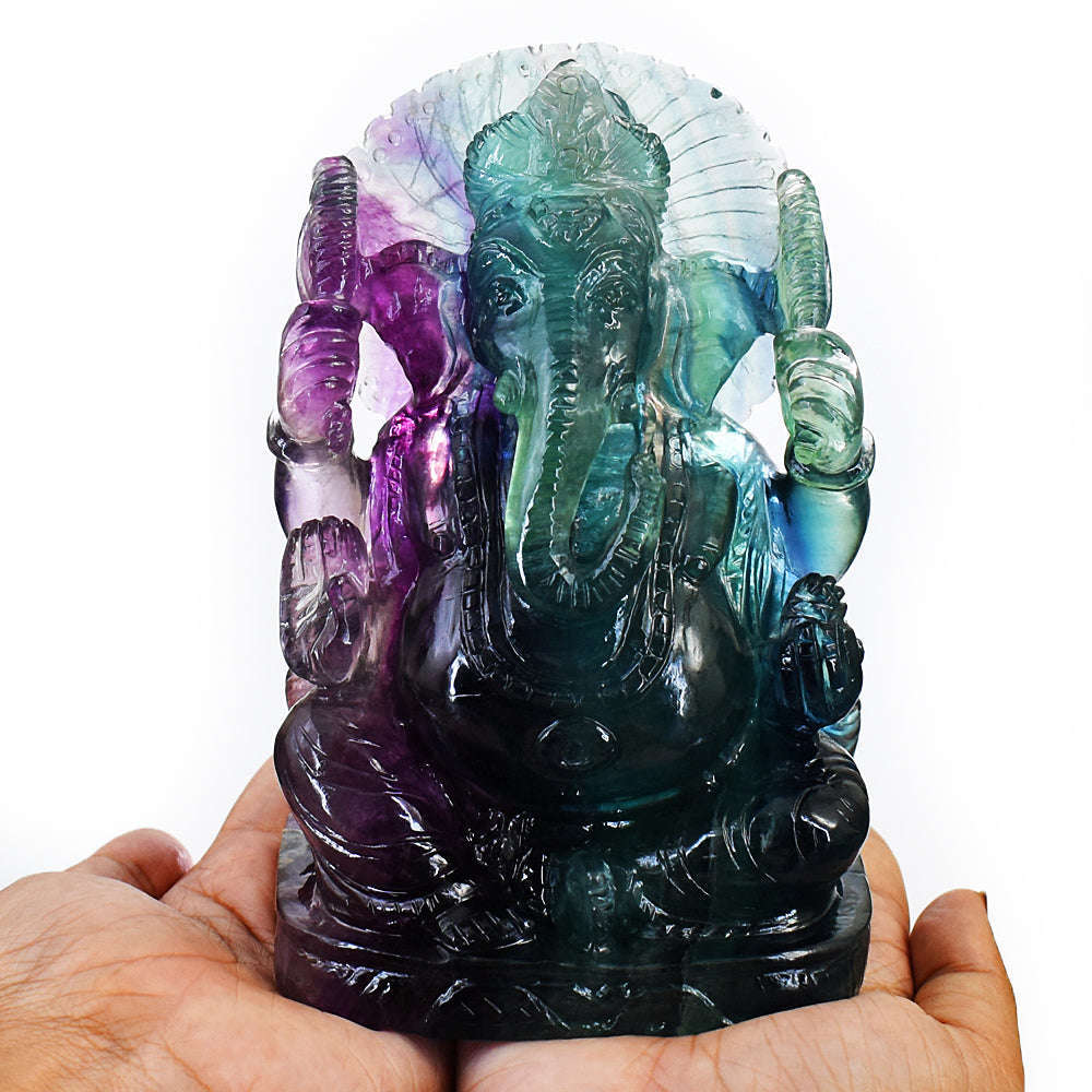 gemsmore:Amazing Multicolor Fluorite Hand Carved Genuine Crystal Gemstone Carving Lord Ganesha