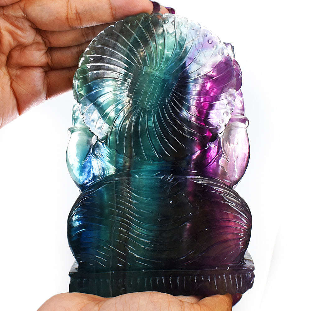 gemsmore:Amazing Multicolor Fluorite Hand Carved Genuine Crystal Gemstone Carving Lord Ganesha