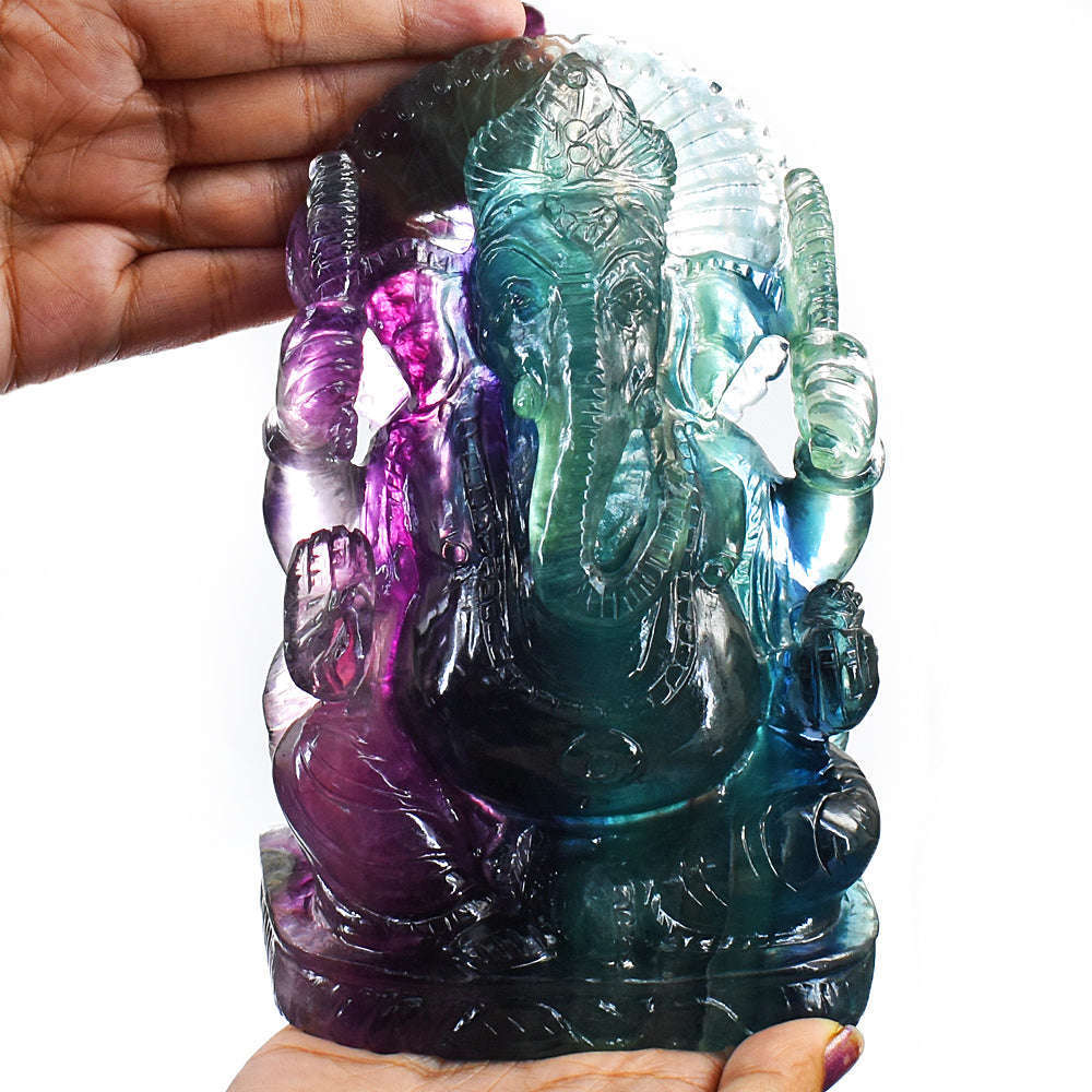 gemsmore:Amazing Multicolor Fluorite Hand Carved Genuine Crystal Gemstone Carving Lord Ganesha