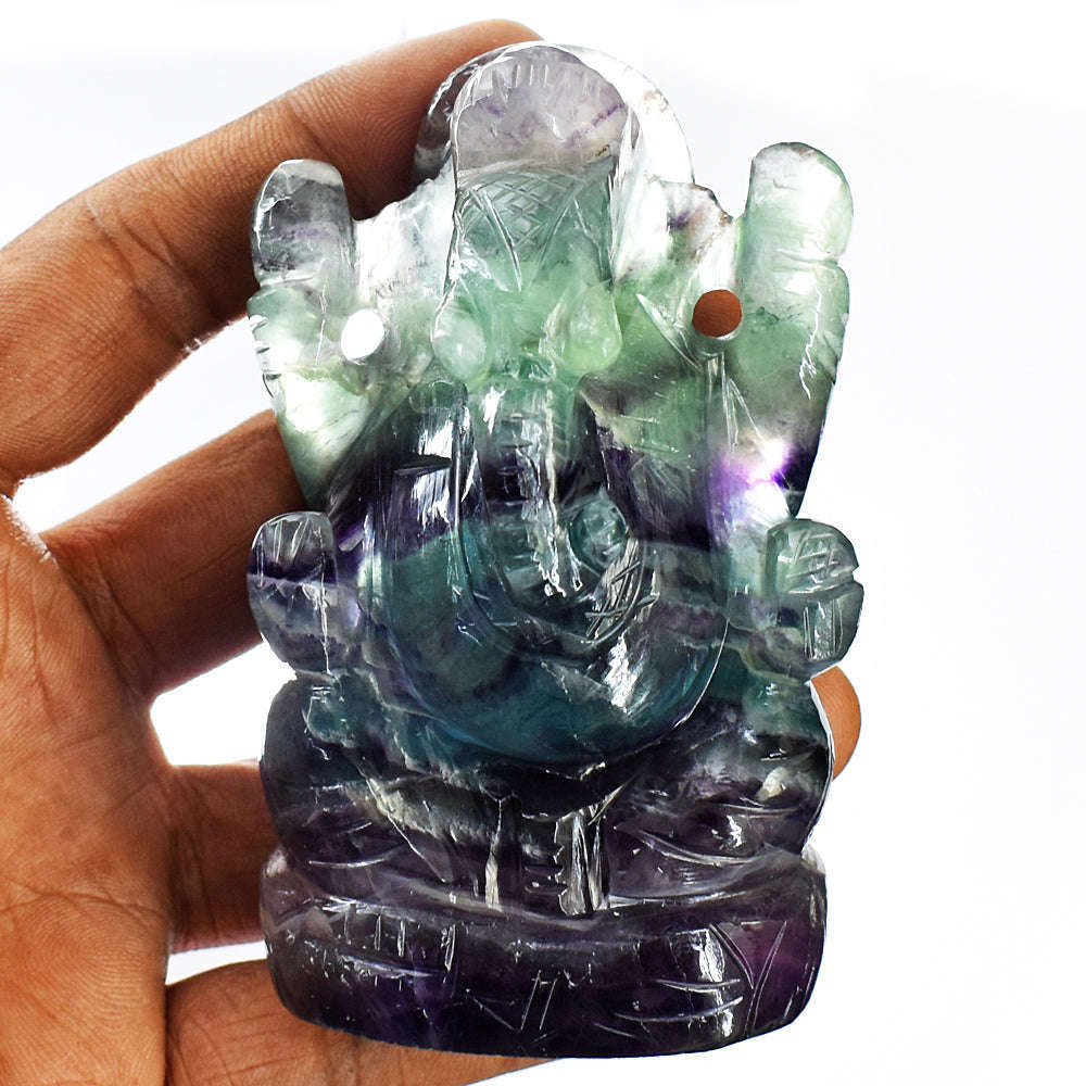 gemsmore:Amazing Multicolor Fluorite Hand Carved Genuine Crystal Gemstone Carving Lord Ganesha