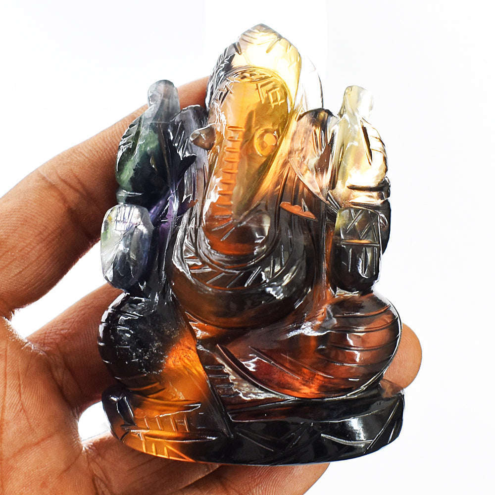 gemsmore:Amazing Multicolor Fluorite Hand Carved Genuine Crystal Gemstone Carving Lord Ganesha