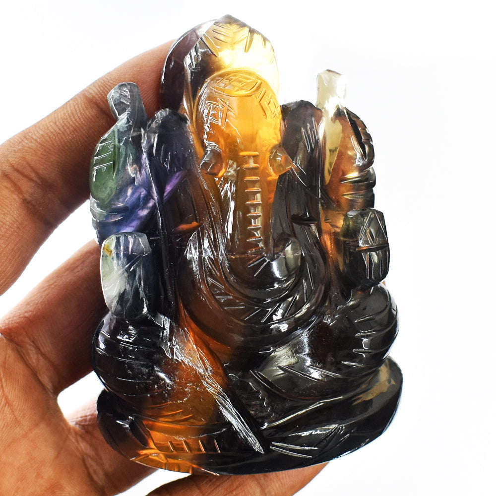 gemsmore:Amazing Multicolor Fluorite Hand Carved Genuine Crystal Gemstone Carving Lord Ganesha