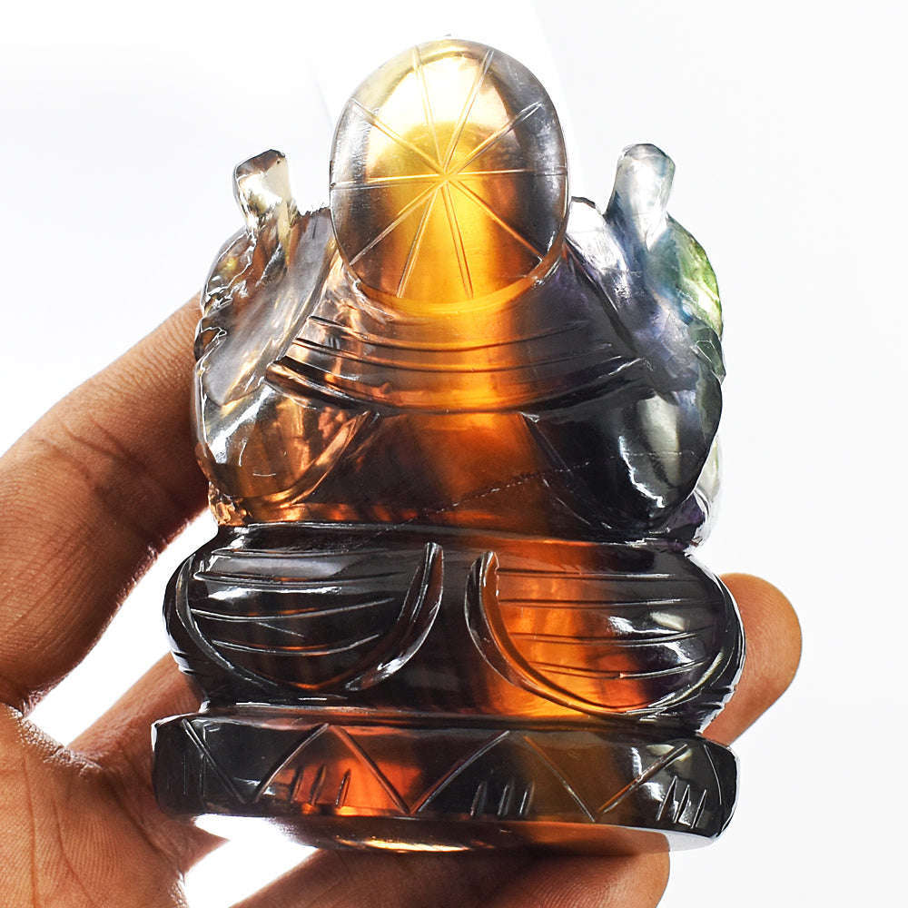 gemsmore:Amazing Multicolor Fluorite Hand Carved Genuine Crystal Gemstone Carving Lord Ganesha