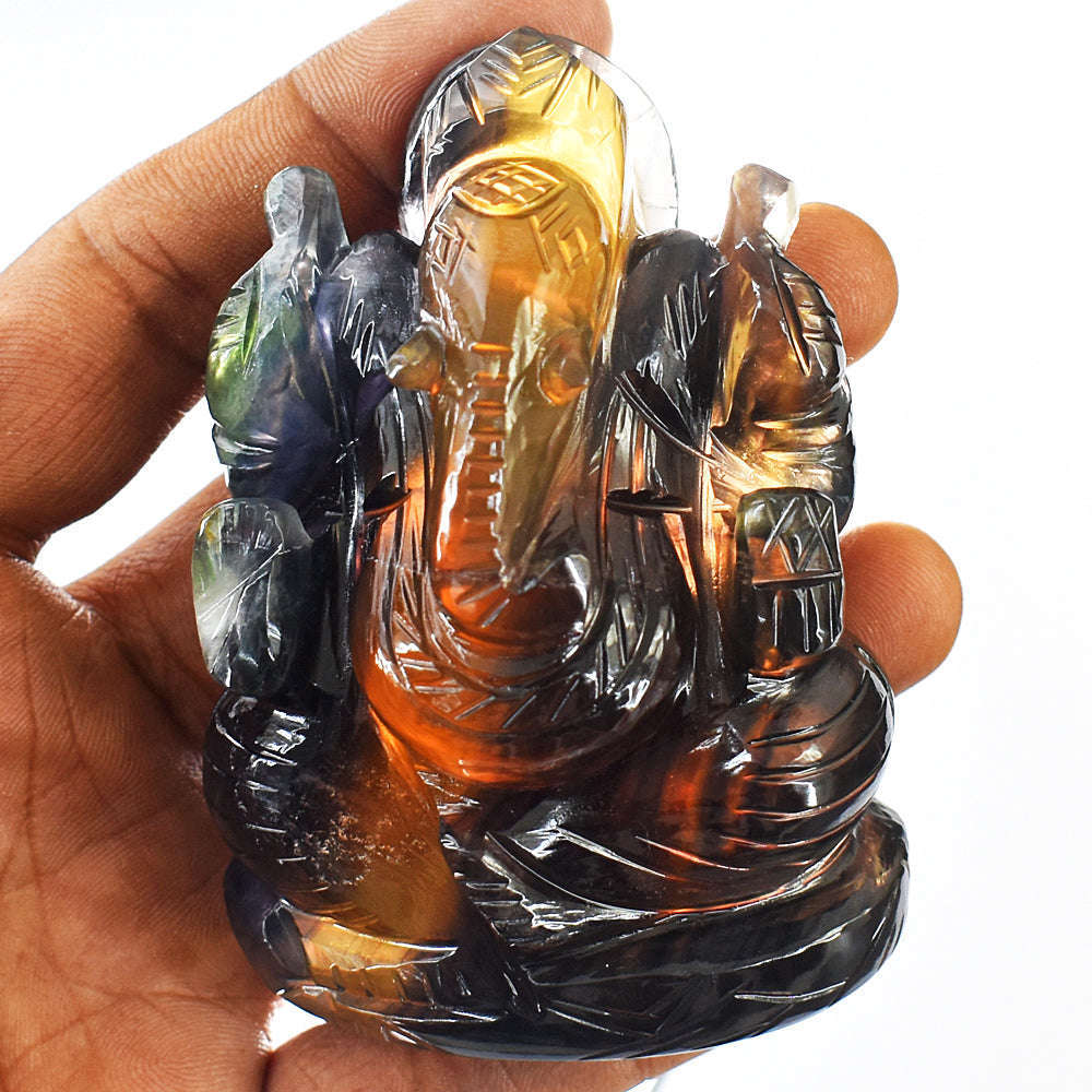 gemsmore:Amazing Multicolor Fluorite Hand Carved Genuine Crystal Gemstone Carving Lord Ganesha