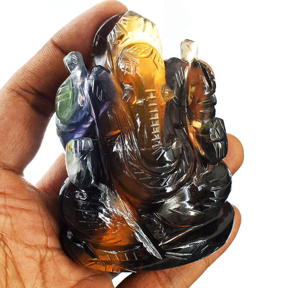 gemsmore:Amazing Multicolor Fluorite Hand Carved Genuine Crystal Gemstone Carving Lord Ganesha