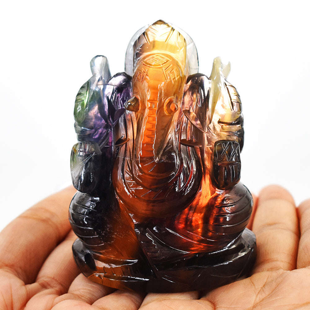 gemsmore:Amazing Multicolor Fluorite Hand Carved Genuine Crystal Gemstone Carving Lord Ganesha