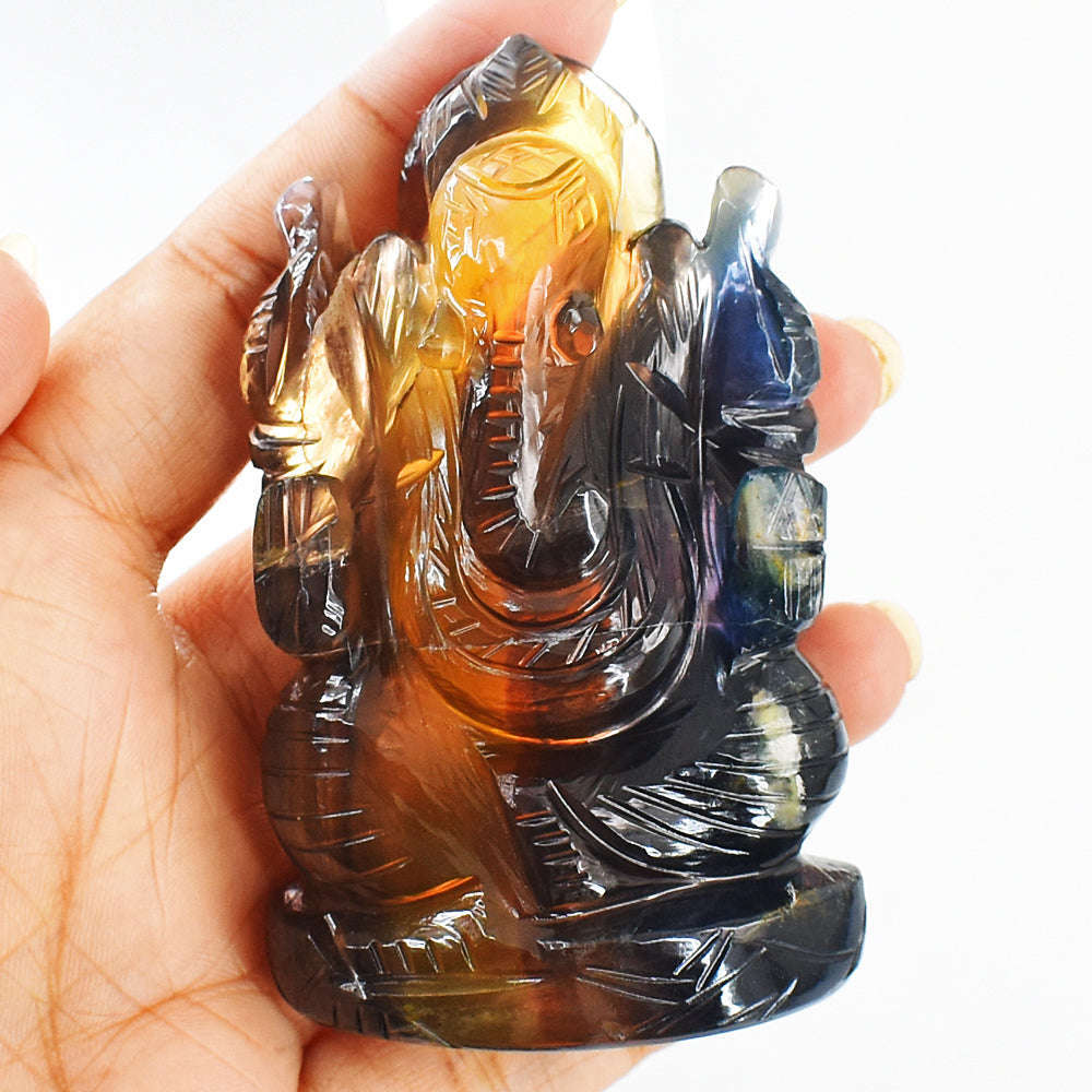 gemsmore:Amazing Multicolor Fluorite Hand Carved Genuine Crystal Gemstone Carving Lord Ganesha