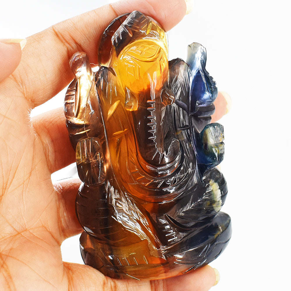 gemsmore:Amazing Multicolor Fluorite Hand Carved Genuine Crystal Gemstone Carving Lord Ganesha