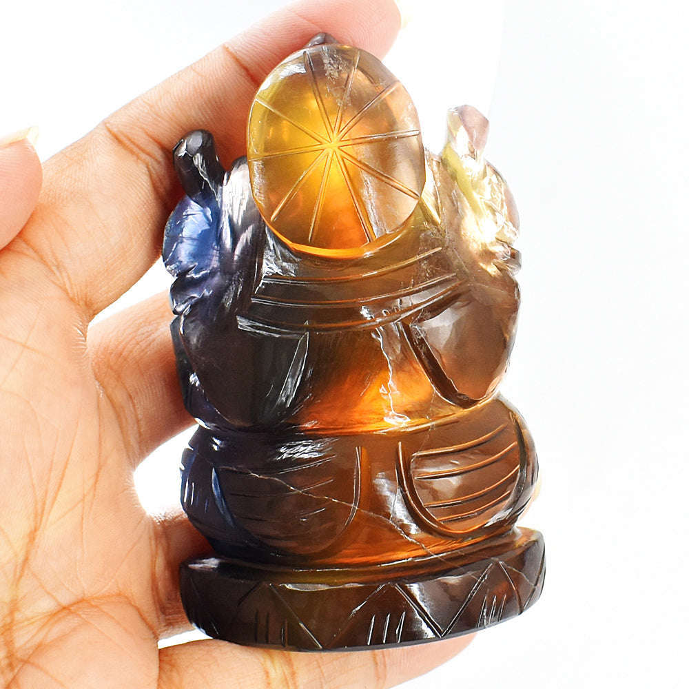 gemsmore:Amazing Multicolor Fluorite Hand Carved Genuine Crystal Gemstone Carving Lord Ganesha