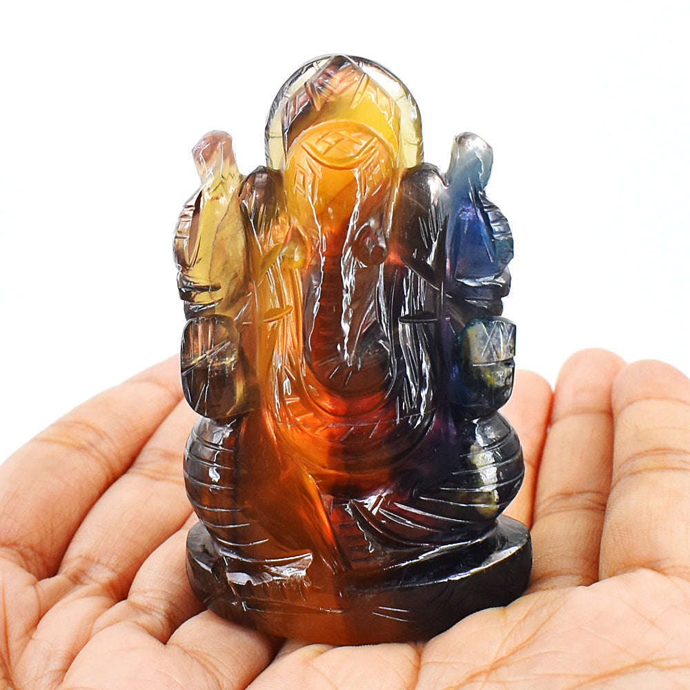 gemsmore:Amazing Multicolor Fluorite Hand Carved Genuine Crystal Gemstone Carving Lord Ganesha