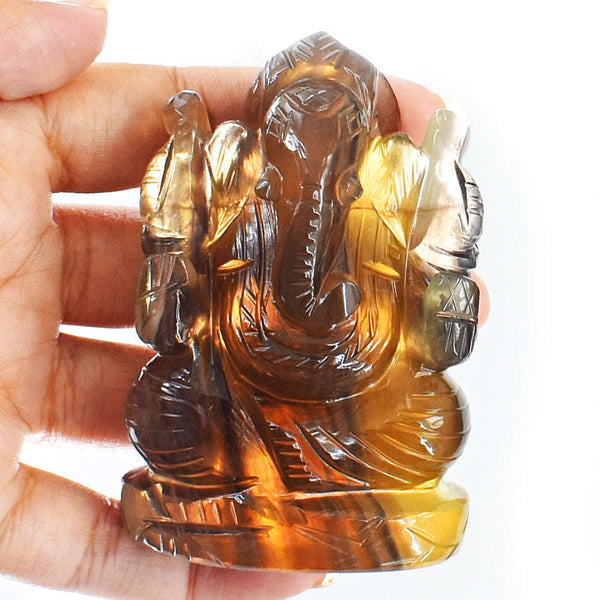 gemsmore:Amazing Multicolor Fluorite Hand Carved Genuine Crystal Gemstone Carving Lord Ganesha