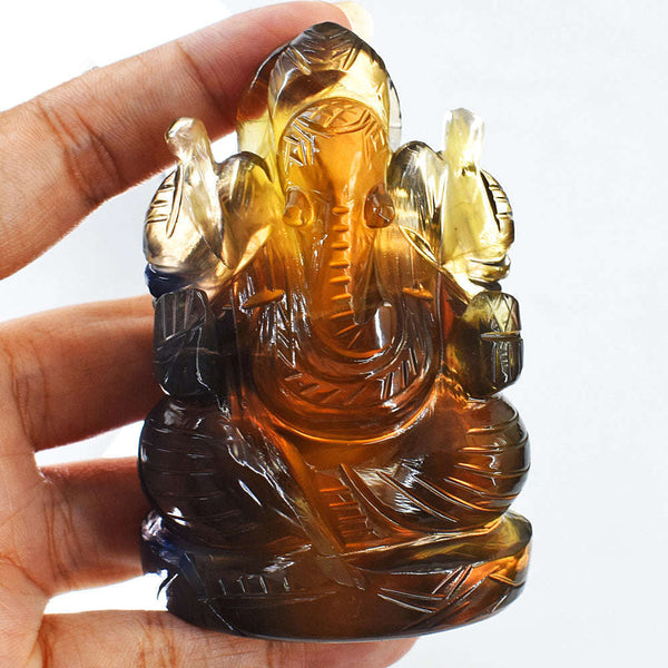 gemsmore:Amazing Multicolor Fluorite Hand Carved Genuine Crystal Gemstone Carving Lord Ganesha