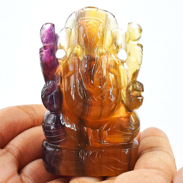 gemsmore:Amazing Multicolor Fluorite Hand Carved Genuine Crystal Gemstone Carving Lord Ganesha