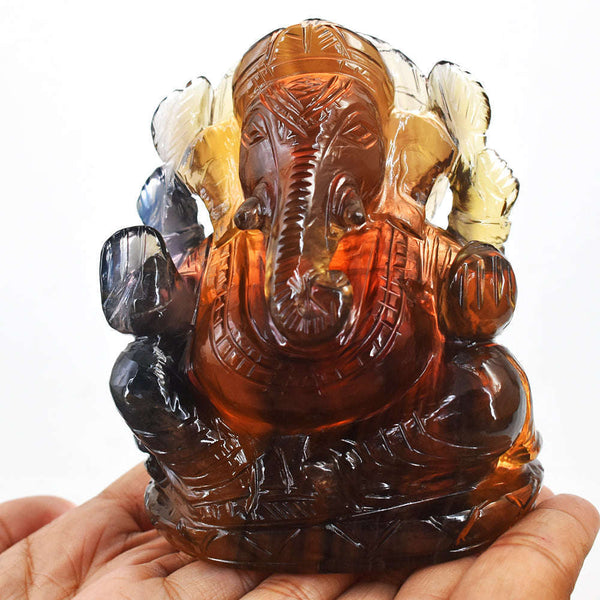 gemsmore:Amazing Multicolor Fluorite Hand Carved Genuine Crystal Gemstone Carving Lord Ganesha