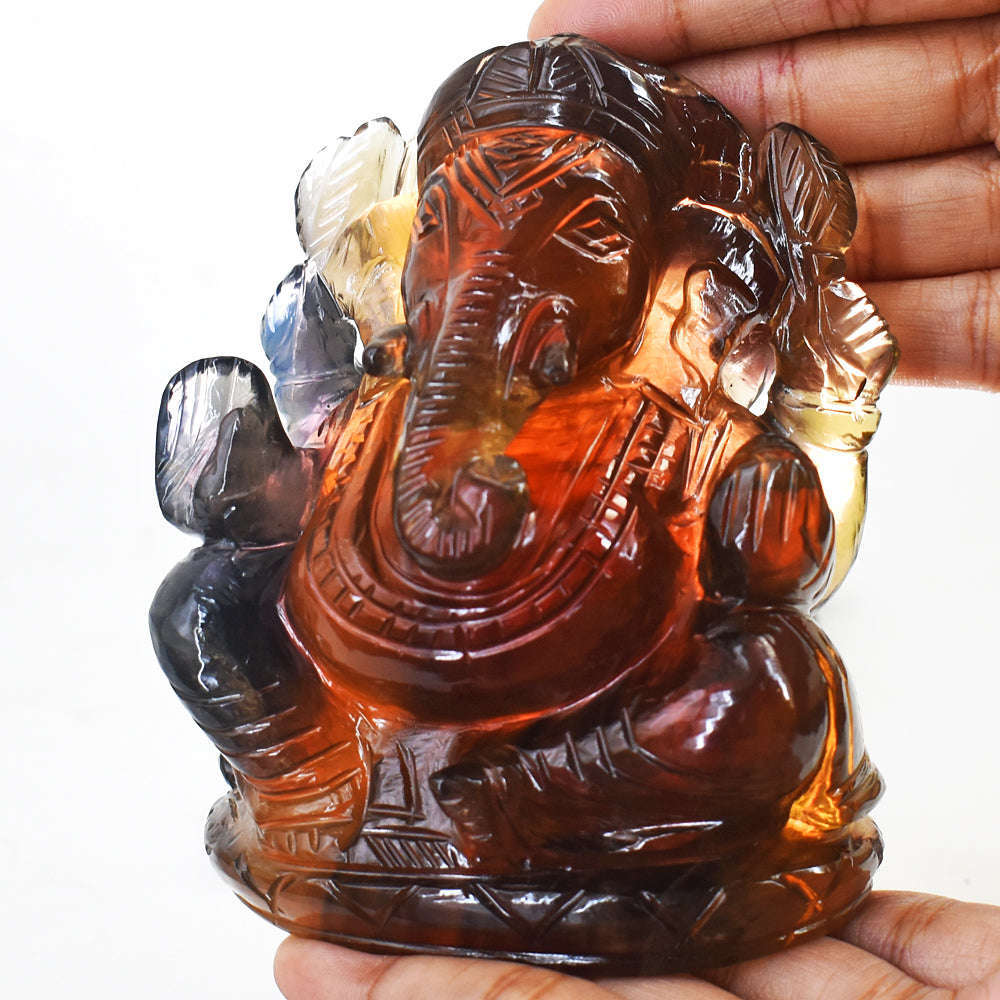 gemsmore:Amazing Multicolor Fluorite Hand Carved Genuine Crystal Gemstone Carving Lord Ganesha