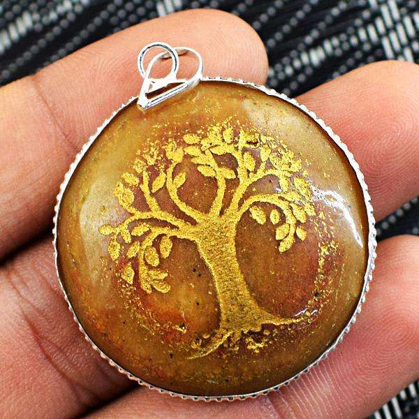 gemsmore:Amazing Natural Aventurine Round Shape Healing Tree Pendant