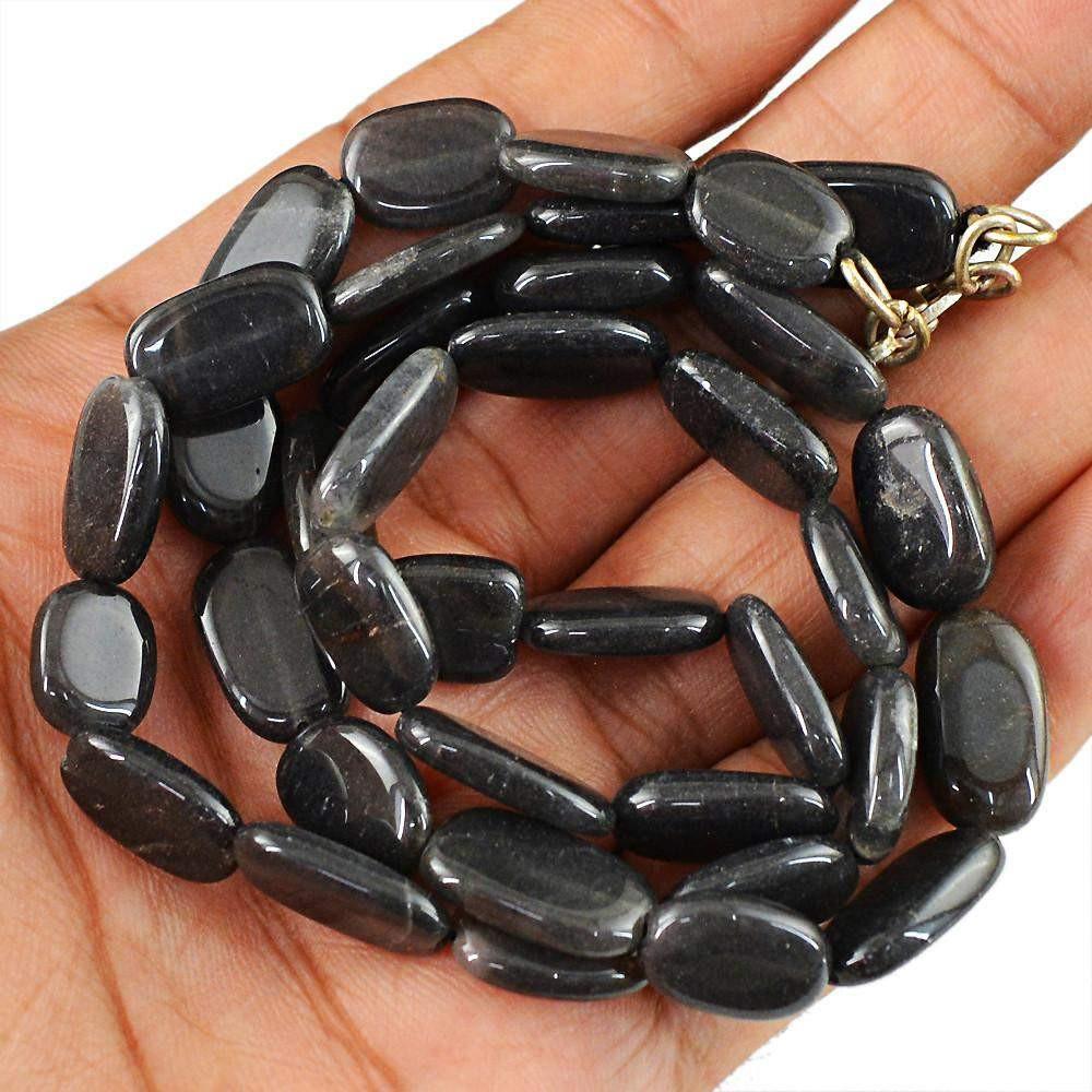 gemsmore:Amazing Natural Black Jasper Necklace Single Strand Oval Shape Beads