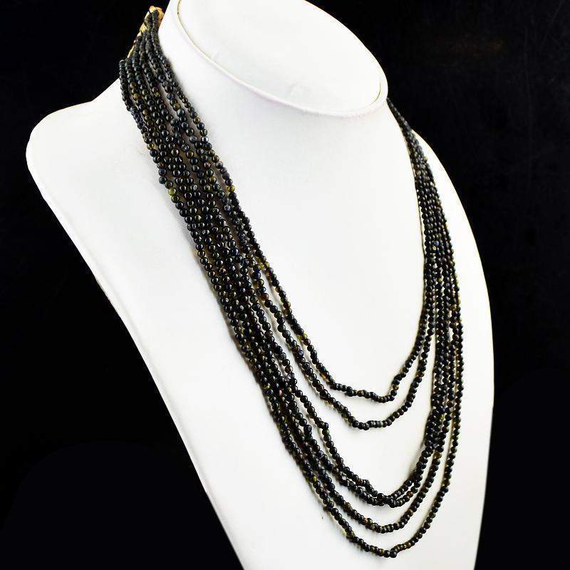 gemsmore:Amazing Natural Black Obsidian Necklace 6 Strand Round Shape Beads