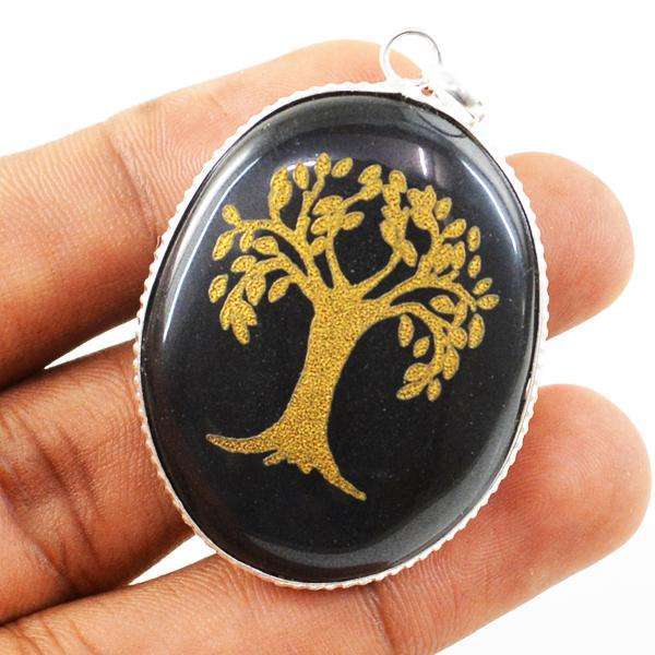 gemsmore:Amazing Natural Black Spinel Oval Shape Healing Tree Pendant
