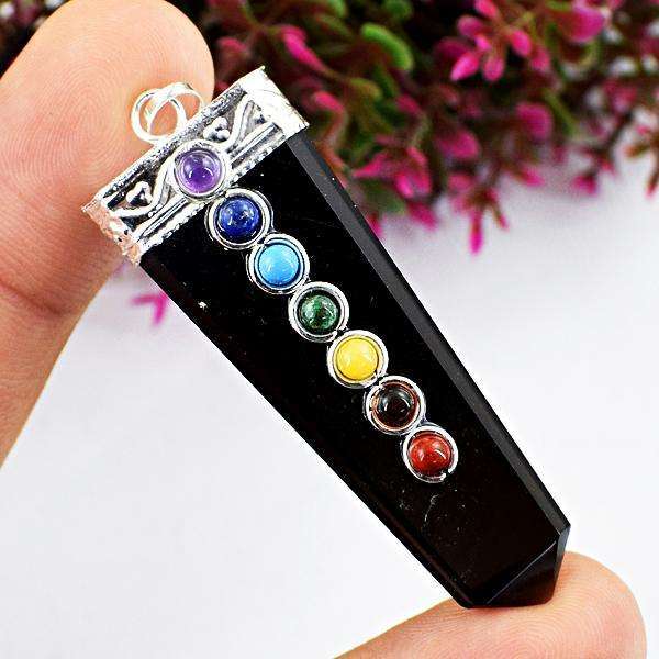 gemsmore:Amazing Natural Black Spinel Seven Chakra Healing Wand Pendant