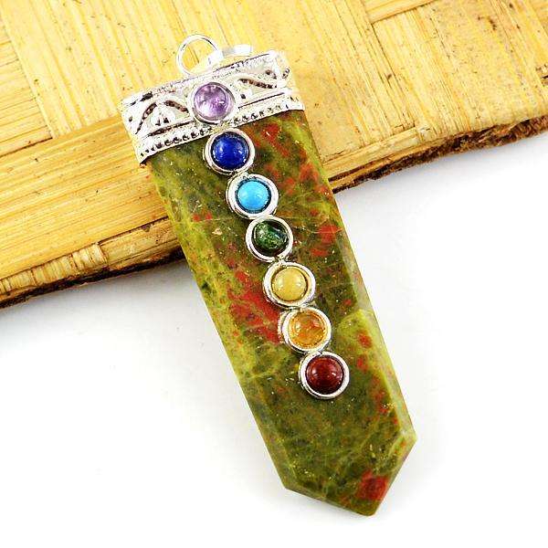 gemsmore:Amazing Natural Blood Green Unakite Seven Chakra Healing Wand Pendant