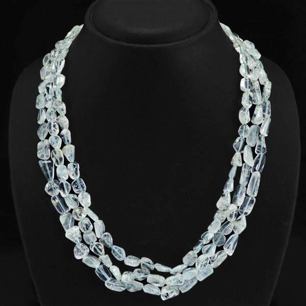 gemsmore:Amazing Natural Blue Aquamarine Necklace Untreated 3 Strand Beads Necklace