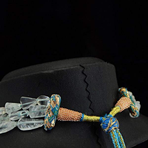 gemsmore:Amazing Natural Blue Aquamarine Necklace Untreated 3 Strand Beads Necklace