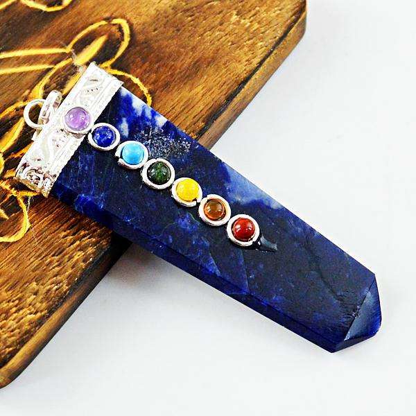 gemsmore:Amazing Natural Blue Sodalite Seven Chakra Healing Wand Pendant