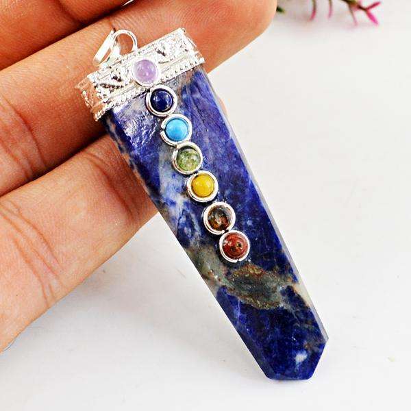 gemsmore:Amazing Natural Blue Sodalite Seven Chakra Healing Wand Pendant