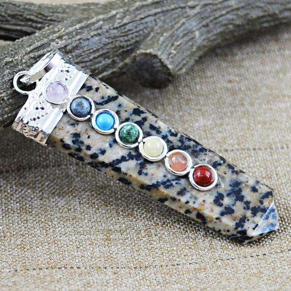 gemsmore:Amazing Natural Dalmatian Jasper Seven Chakra Healing Wand Pendant